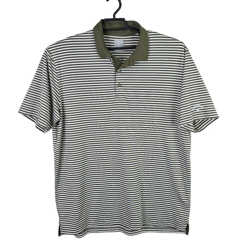 Mens Callaway Opti Dri Green White Striped Polo Shirt Short Sleeve Polyester XL